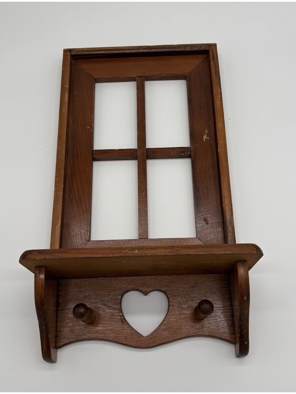 Wood Window Pane Wall Shelf Heart Cutout 2 Peg Hooks Cottage Decor *Description*